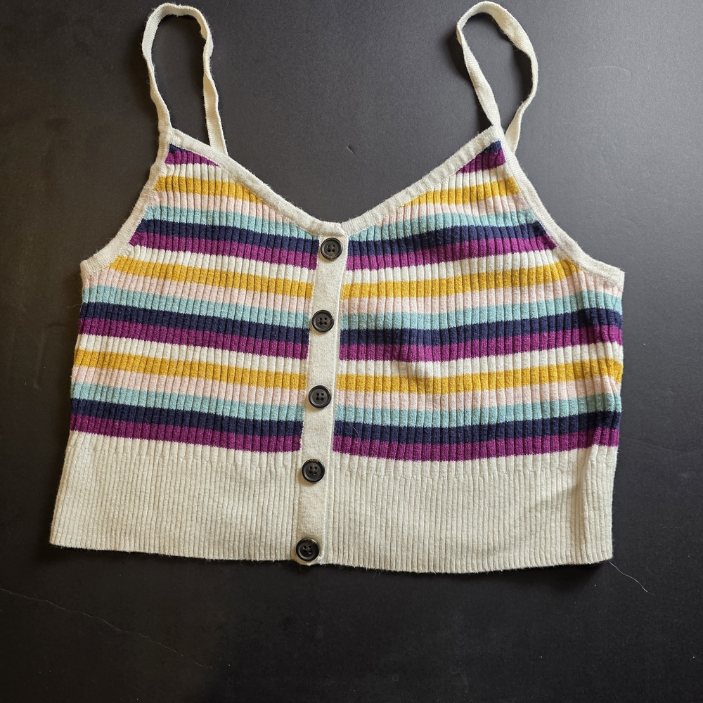 Striped Knit Button-Front Tank Top - Cream with Yellow, Teal & Purple Stripes